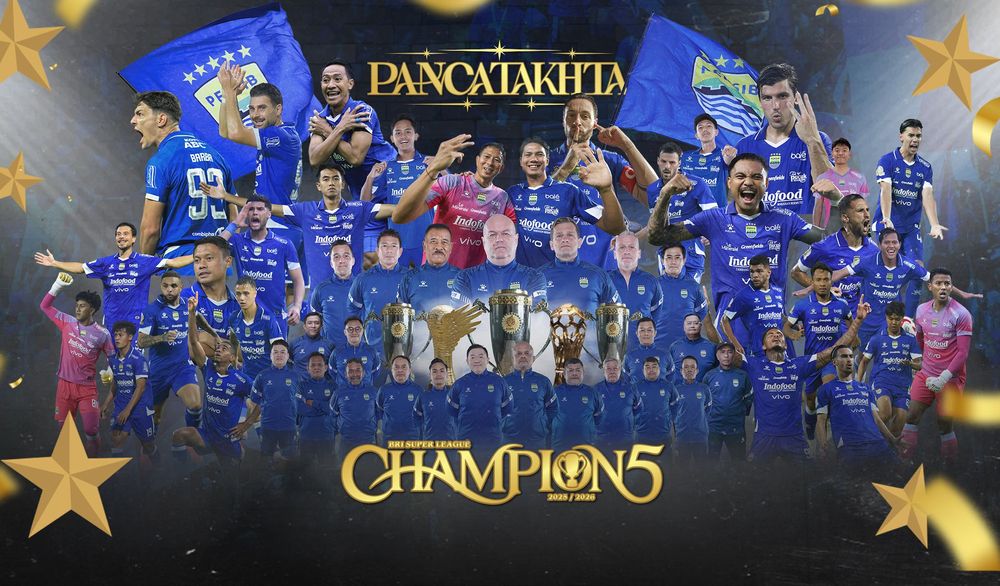 Pemain, pelatih, dan seluruh elemen Persib Bandung merayakan keberhasilan meraih gelar Super League 2025/26 sekaligus mencatat sejarah sebagai klub Indonesia pertama yang mampu menjuarai kompetisi kasta tertinggi nasional tiga musim berturut-turut.(Dok:Istimewa)