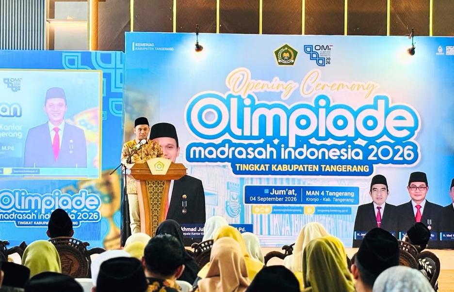 Kepala Kantor Kemenag Kabupaten Tangerang H. Akhmad Jubaedi membuka Olimpiade Madrasah Indonesia (OMI) 2026 tingkat Kabupaten Tangerang yang diikuti 1.749 peserta dari jenjang MI, MTs, dan MA. (Foto:Istimewa)